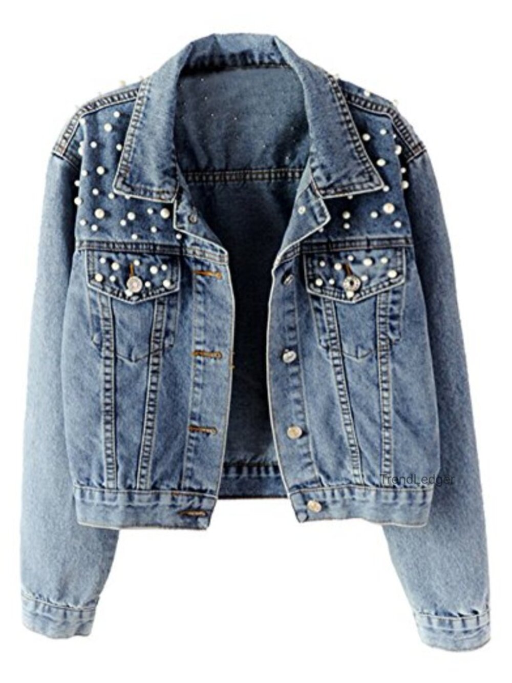 Embroidered Pearl Distressed Denim Jean Jacket Button Front Long Sleeve Coat